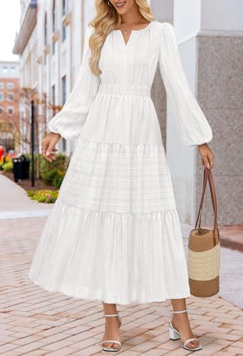 MEROKEETY Fall Dresses for Women 2025 Long Sleeve Casual V Neck Tiered Cotton Wedding Guest Maxi Dress Pockets2