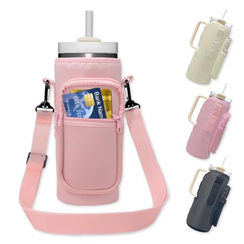 Doacpcr Water Bottle Carrier Bag with Phone Pocket for Stanley 40 oz Tumbler Compatible with Handle/Straight Bottles, Water Bottle Holder with Adjustable Strap, Stanley Cup Accessories 40 oz (Pink)