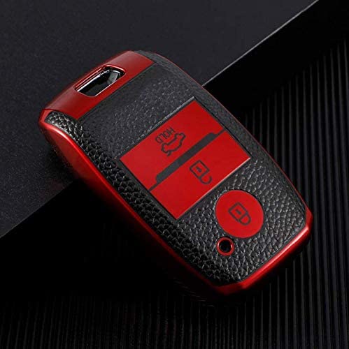 Image of JVCV Premium Soft TPU Leather Pattern Key Cover Compatible with Kia Seltos Sonet Carens 3 Button Push Start Car Key (Red Black)