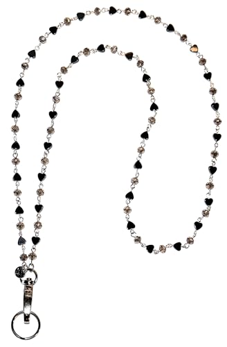 Hidden Hollow Beads Hematite & Crystal Chain Lanyards for ID Card Badge Holder, Women Teacher Nurse Cruise Key Keychain Cell Phone