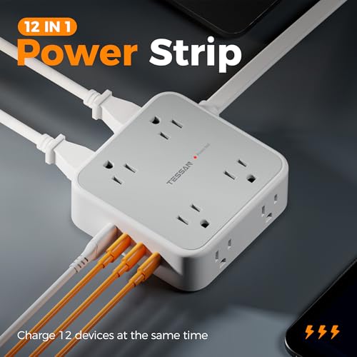 Image of TESSAN Surge Protector Power Strip, 5 Ft Flat Plug Extension Cord with 4 USB (3 USB C) 8 Outlets, 1875W, 900J Protection, 3 Sided Outlet Extender with Power Switch for Office, Dorm Room, Grey