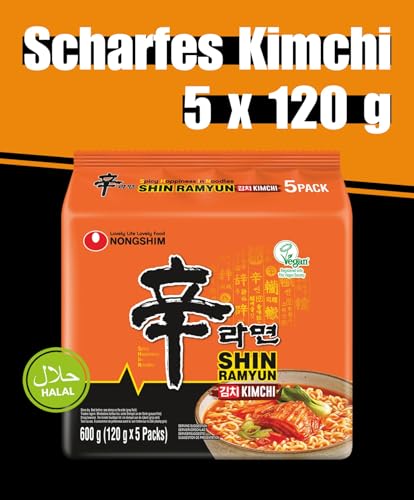 Nong Shim Instantnudeln Kimchi Ramyun – Koreanische Ramen Suppe - schnelle Zubereitung – 1er Multipack - 5 x 120g