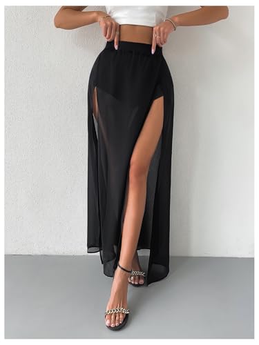 GORGLITTER Women's Mesh Sheer Ruffle Long Maxi Skirt See Through High Slit Coquette Skirts4