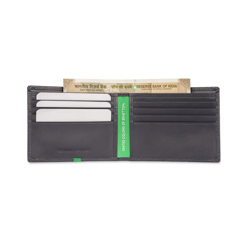Image of United Colors of Benetton Men RFID Protected Derwent Slimfold Wallet - Navy+Green, No. of Card Slot: 8 | Tape Inlayed Slimfold Wallet with Side Closure | Leather