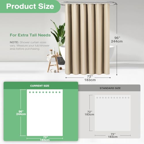 Dynamene Extra Long Shower Curtain,96 Inch Long Waffle Weave Heavy Duty Thick Fabric Bathroom Shower Curtain, Neutral Weighted Hotel Bath Curtain Set with 12 Plastic Hooks,72x96,Beige/Khaki by Dynamene - Image 3