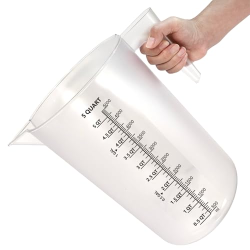 1 Gallon / 5 Quart / 5000 ml Large Plastic Measuring Pitcher with Handle, Clear Heavy Duty Mixing Pitcher with mL/QT/GAL Markings for Garden, Pool Chemicals, Motor Oil & Kitchen