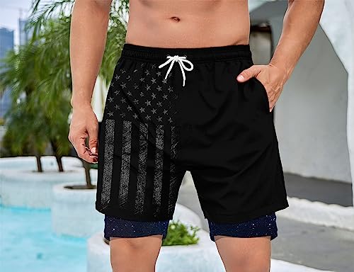 Mens Swim Trunks with Compression Liner Black American Flag Swim Trunks Men Board Shorts Men's Swimsuit 5 Inch Inseam4
