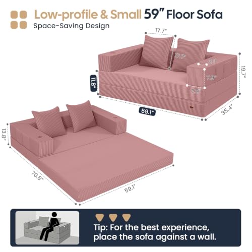 Image of COMAX Boneless Futon Sofa Bed, 59 inch Small Low-Profile Floor Couch, Pink