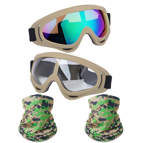 Image of LJDJ Motorcycle Goggles,2 Pack Dirt Bike ATV Motocross Riding Hiking Protective with 2 Pack Neck Breathable Bandana Mask (Khaki /Clear+Colorful Lenses)