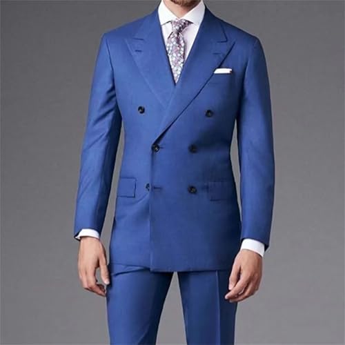 Men's Blue Lapel Suit 2 Piece Set Double Breasted Slim Fit Business Casual Formal3