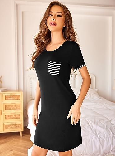 Ekouaer Sleepwear Women's Nightgown Short Sleeve Sleepshirt Casual Nightshirt-Black L #TOP1