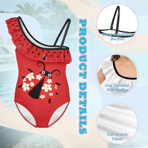 Image of Ladybug Swimsuits for Girls 5-14 One Piece Bathing Suit Kids One Ruffle Shoulder Beach Sport Swimwear