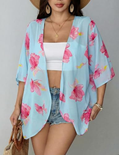 Image of Chunoy Women Floral Beach Wear Cover Up Chiffon Kimono Cardigan Open Front Blouse Top