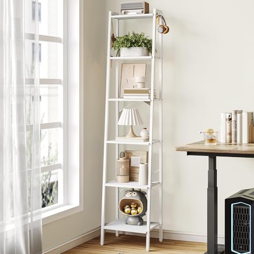 Hzuaneri Ladder Shelf, Bookshelf, Freestanding Corner Storage Shelf | Bookcase with 2 Hooks for Office, Living Room, Kitchen, Bedroom, Industrial, 11.8″D x 13.4″W x 72.8″H, White BC13313W