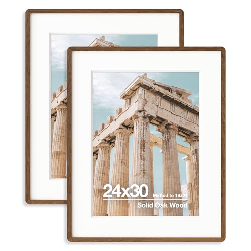 24x30 Frame | Solid Oak Wood 24x30 Poster Frame | 24x30 Puzzle Frame With Mat For 18X24 | Tempered Glass And Hanging Hardware Included | 24 x 30 Poster Frame Wood (Walnut, 2 Packs)
