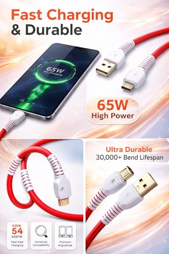 Image of Micro USB Fast Charging Cable 65W 6A, 1.2m Data Sync & Charge Cord, Durable PVC, Compatible with Samsung, Oppo, Vivo, Mi, Tablets & Micro USB Devices (Red)