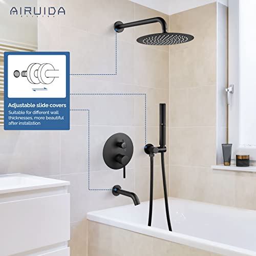Airuida Round Shower System Set With Tub Spout, Wall Mount 3 Function Rain Shower Faucet Set, Matte Black 10 Inches Round Shower Head With 2 Functions Handheld Shower #TOP1