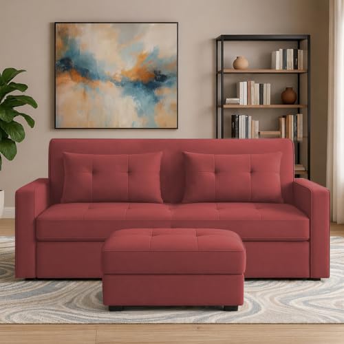 Image of Emilio 2-Seater Sofa Cum Bed for Living Room, Office & Home with Center Table | Premium Fabric Pull-Out Sofa Set with 1 Year Warranty | Space Saving Convertible Sleeper Sofa | Maroon Colour