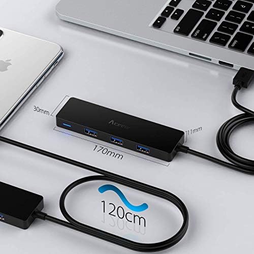 Aceele USB Hub 3.0 Splitter with 4ft Extension Long Cable Cord, 4-Port Extra Slim Multiport Expander for Desktop Computer PC, PS4, Laptop, Chromebook, Surface Pro 3, iMac, Flash Drive Data and More - 4