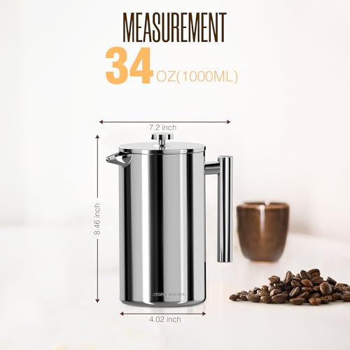 Utopia Kitchen 304 Grade Stainless Steel French Press Coffee Maker 34 Oz, Double Wall Insulated Coffee Press with 4-Level Filtration System, Include 2 Extra Filters, Rust-Free, Dishwasher Safe, Silver by Utopia Kitchen - Image 2