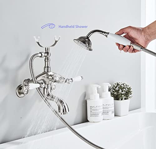 Ackwave 𝗖𝗹𝗮𝘄𝗳𝗼𝗼𝘁 𝗧𝘂𝗯 𝗙𝗮𝘂𝗰𝗲𝘁 Brushed Nickel, Bathtub Faucet With Handheld Shower Sprayer, Wall Mounted Tub Filler Faucet With Vintage Style #TOP2
