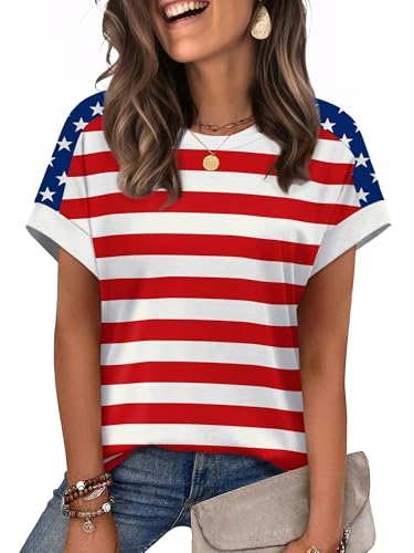 WIHOLL 4th of July Outfits for Women 2026 Trendy Funny Short Sleeve American Flag Patriotic Shirts Casual USA Tops Clothes Red Stripes L