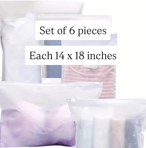 Image of 6-pc Frosted Zipper Pouch Storage Bags for Travel & Home (14x18 inch) | Reusable Packaging for Clothes, Shoes, Cosmetics & Toiletries | Resealable Space Saving Polyethylene Ziplock with Air Vent