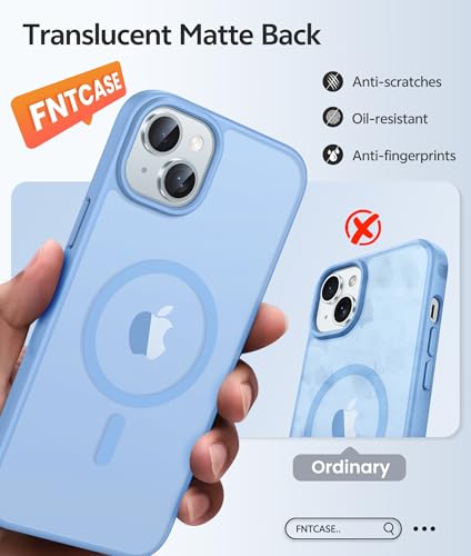 Image of FNTCASE for iPhone 15 Case: for iPhone 14 Case & iPhone 13 Case [Compatible with Magsafe] Translucent Matte Cases with [Screen Protector] Military Grade Shockproof Protective Phone Cover - Light Blue