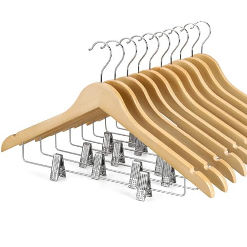 TOPIA HANGER Wooden Hangers with Adjustable Metal Clips and 360 Swivel Hook Premium Wood Clothes Hangers 10 Pack for Suit Pant Skirt Jeans Coat Jacket-CT28N