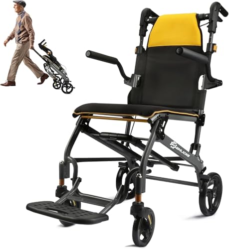 Silla de ruedas plegable ligera de 8,8 kg con mango telescópico, ultraligera, plegable, ligera, con reposabrazos y reposapiés plegables, para personas con discapacidad y personas mayores (Amarillo)