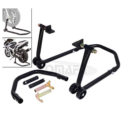 JOMAFA - SOPORTE/ELEVADOR/CABALLETE MOTO 2 EN 1: DELANTERO Y TRASERO + ADAPTADORES UNIVERSALES PARA MOTOCICLETA