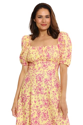Image of London Times Women's London Times Women's Dresses Square Neck Smocked Back Linen Blend Flattering Versatile Spring Summer Garden Party