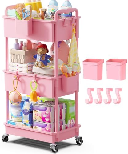 Goovilla Diaper Cart with Lockable Wheels and Easy Assembly, 3 Tier Pink Rolling Cart for Baby Nursery Storage, Sturdy Ample Diaper Caddy Organizer for Baby Girl, Boy, New Mom, Newborn Essentials