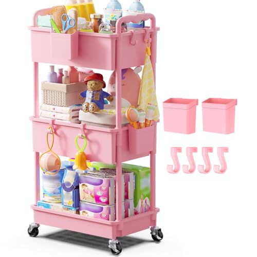 Image of Goovilla Diaper Cart with Lockable Wheels and Easy Assembly, 3 Tier Pink Rolling Cart for Baby Nursery Storage, Sturdy Ample Diaper Caddy Organizer for Baby Girl, Boy, New Mom, Newborn Essentials