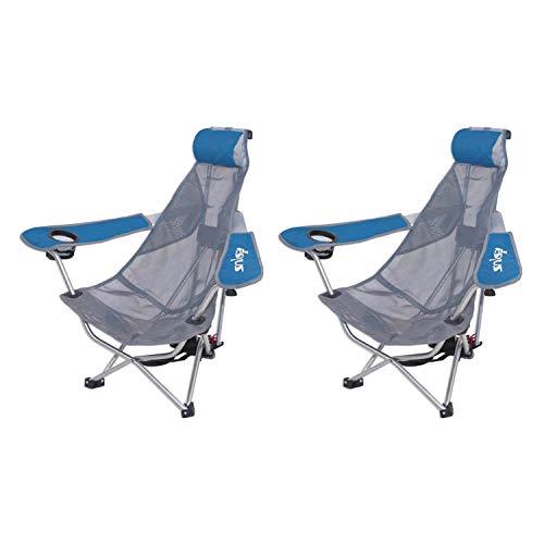 Kelsyus Mesh Folding Portable Backpack Beach Chair W/Headrest & Cup Holder, Blue And Gray (2 Pack) #TOP11