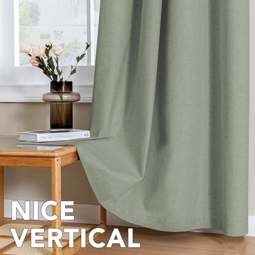 Image of H.VERSAILTEX Linen Curtains 100% Blackout Curtains for Bedroom 120 inch Long Full Light Blocking Nature Linen Blended Window Curtains for Living Room Nickel Grommet (2 Panels, Heathered Dried Sage)