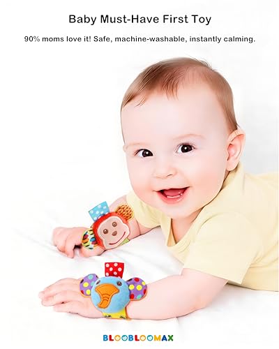 SSK Soft Baby Wrist Rattle Foot Finder Socks Set,Cotton and Plush Stuffed Infant Toys,Birthday Holiday Birth Present for Newborn Boy Girl 0/3/4/6/7/8/9/12/18 Months Kids Toddler,4 Cute Animals - Thumbnail 3