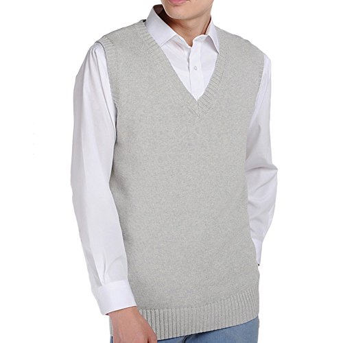 Men Women Knitted Cotton V-Neck Vest JK Uniform Pullover Sleeveless Sweater School Cardigan Light Gray