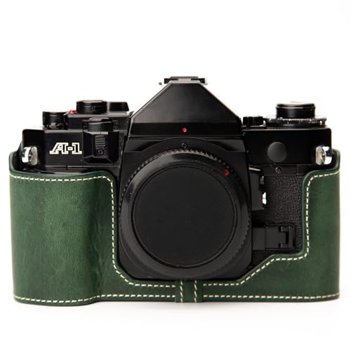 DBZZ A1 Case New AE-1 case Handmade Genuine Leather Camera Protective Half Camera case, for Canon A-1 New AE-1 (Green-white line)