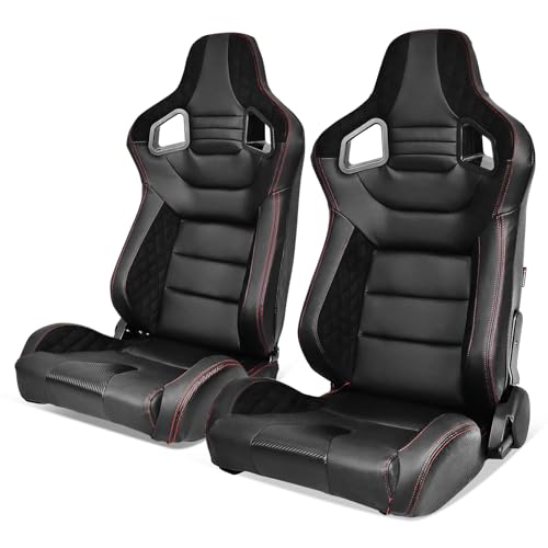 IKON MOTORSPORTS, Universal Racing Seats with 14" Dual Sliders, Black PU W/Red Stitching & Carbon Leather Back Suede Trim Reclinable Sport Bucket Seats for Cars, 1 Pair Driver Passenger Side 2PC