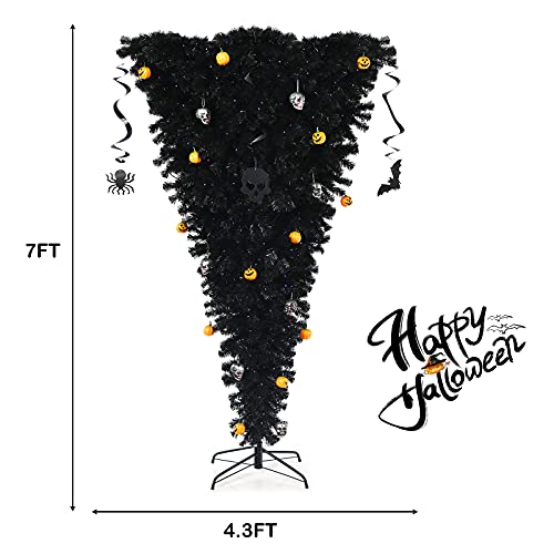 Goflame 7Ft Upside Down Pre-Lit Artificial Christmas Tree, Black Halloween Tree W/ Lights & Decorations, Inverted Christmas Tree, Festive Decoration Tree For Home, Office, School, Theme Party #TOP6