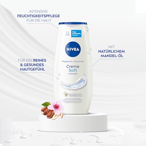 NIVEA Creme Soft Pflegedusche, Duschgel mit Vitaminen und wertvollen Ölen, feuchtigkeitsspendende und pH-hautneutrale Cremedusche mit mildem Duft (250 ml)