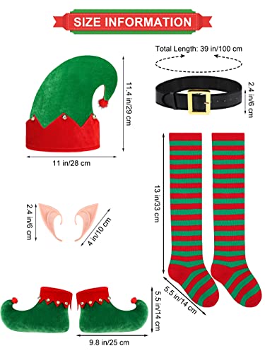 Somsoc 6 Pack Girls Christmas Elf Costume Set Velvet Dress With Elf Hat Shoes Ears Belt Striped Over Knee High Socks #TOP2
