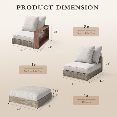 U-MAX Outdoor Patio Furniture, 4-Piece Backyard Deep Seating Lounge Set, Patio Furniture Set, Khaki Rattan Conversation Sets with Mahogany Wood Armrests,Light Grey - Thumbnail 5