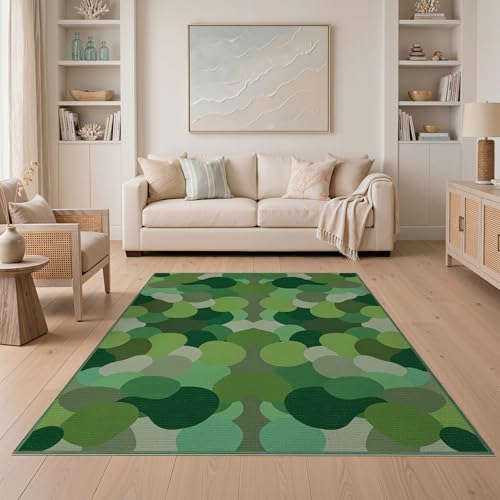 ODIKA 5'x7' Washable Abstract Bubble Area Rug, Olive Green Flatwoven Floor Covering for Dining Room, Under Table, Home Office, Non-Slip Chair-Friendly Carpet | Ref:2025490