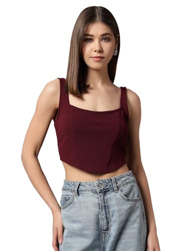 Image of Trend Arrest.ed Women's Stretchable Corset Style Crop Top | Square Neck Sleeveless Zipper Back Body-Hugging Fit | Casual