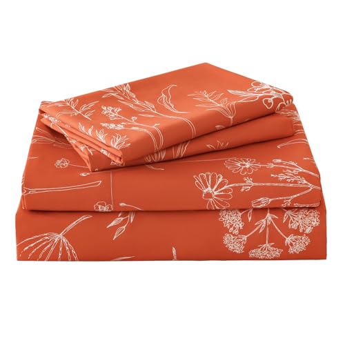 Yibeizi Queen Sheet Set Deep Pocket Queen Size Orange Floral Bed Sheets Set Boho Printed Soft Microfiber Oeko-Tex Sheets & Pillowcases Hypoallergenic Wrinkle Free Bedsheets