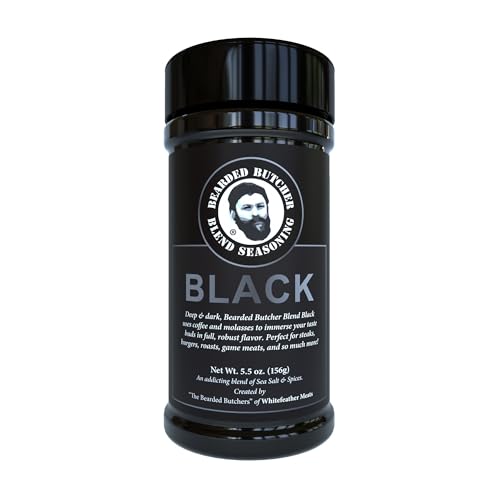Bearded Butchers Black Blend Seasoning, 5.5 oz Shaker – Coffee & Molasses Flavor for Steaks, Burgers, Brisket, Roasts, Game Meats – Gluten-Free, No MSG, Low Calorie, Rich, Versatile Seasoning