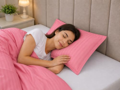 Image of Cotton Solid Striped Pillow Covers | Ultrasoft Breathable Envelope Closure| Pack of 2 Pillow Covers Standard Size (27 x 17 Inches) (Pink)