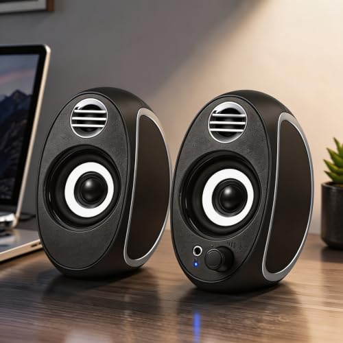 Computer Speakers 10W 2.0 Channel USB Powered Desktop Stereo Speakers with Bass Reflex, Volume Knob & 3.5mm AUX Jack, Compact PC Laptop Speakers for Desktop, Notebook, Phone